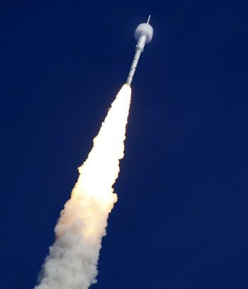 The ARES I-X rocket soars through the sky on October 28, 2009.