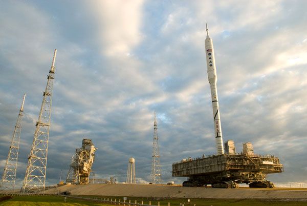 The ARES I-X rocket approaches Launch Complex 39B at NASA's Kennedy Space Center in Florida, on October 20, 2009.