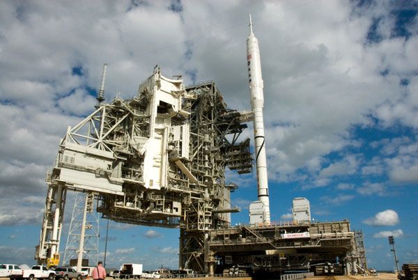 The ARES I-X rocket arrives at Launch Complex 39B at NASA's Kennedy Space Center in Florida, on October 20, 2009.