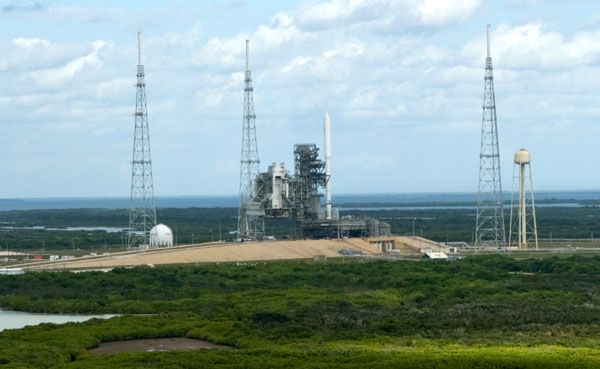 The ARES I-X rocket at Launch Complex 39B...as seen from Launch Complex 39A at NASA's Kennedy Space Center in Florida, on October 20, 2009.