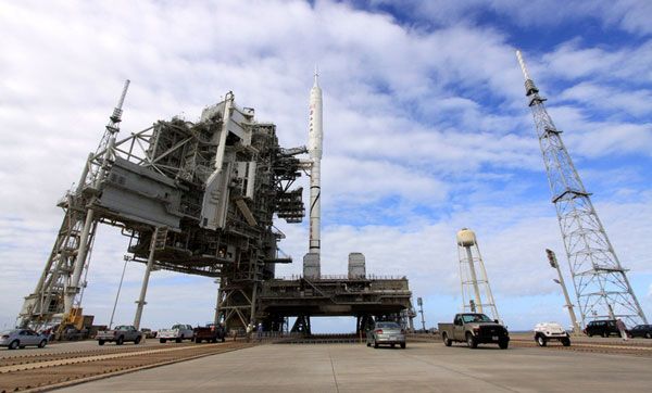 The ARES I-X rocket at Launch Complex 39B at NASA's Kennedy Space Center in Florida, on October 22, 2009.
