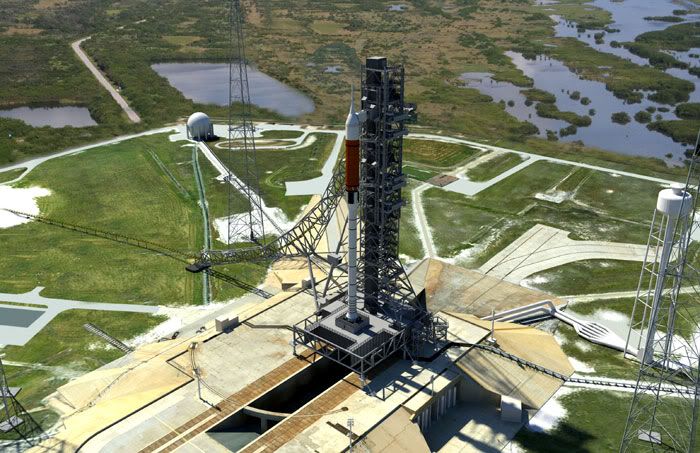 An artist's concept of the Ares I rocket at Kennedy Space Center's Launch Pad 39B.