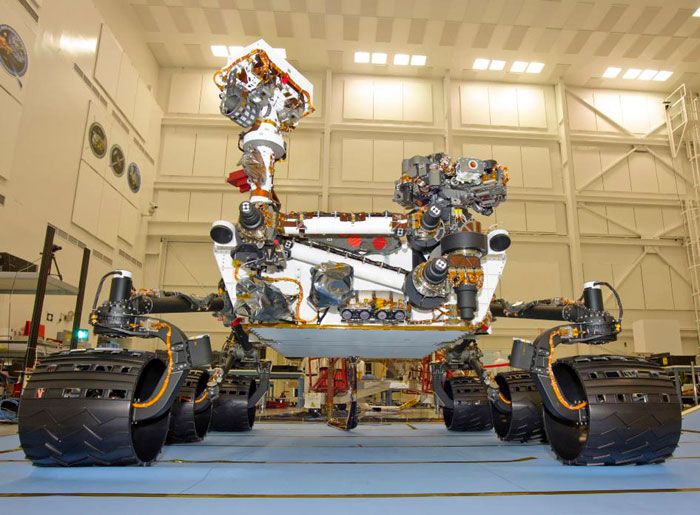 The Curiosity rover undergoes final testing at NASA's Jet Propulsion Laboratory near Pasadena, California, on June 3, 2011.