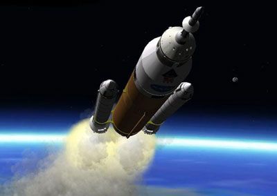 An artist concept of a 'Jupiter DIRECT' launch vehicle.