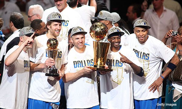 The Dallas Mavericks celebrate their first championship after beating the Miami Heat, 105-95, in Game 6 of the NBA Finals...on June 12, 2011.