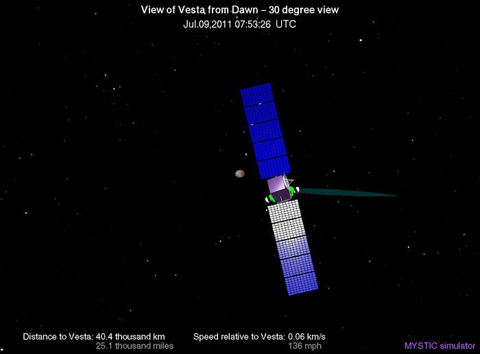A computer-generated image depicting the Dawn spacecraft's current position from asteroid Vesta.