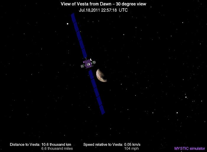 A computer-generated image depicting the Dawn spacecraft's current position from asteroid Vesta.