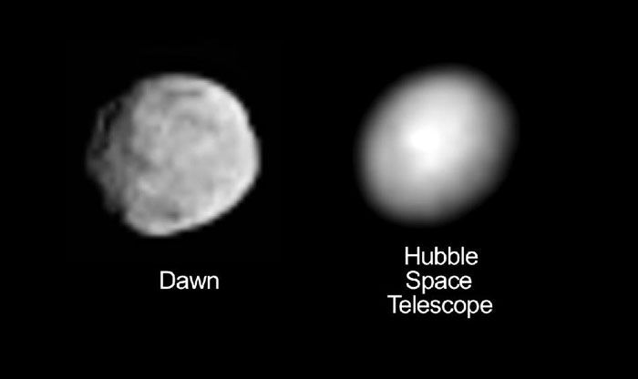 Images comparing the latest photo of asteroid Vesta taken by the Dawn spacecraft to an earlier picture shot by the Hubble Space Telescope.