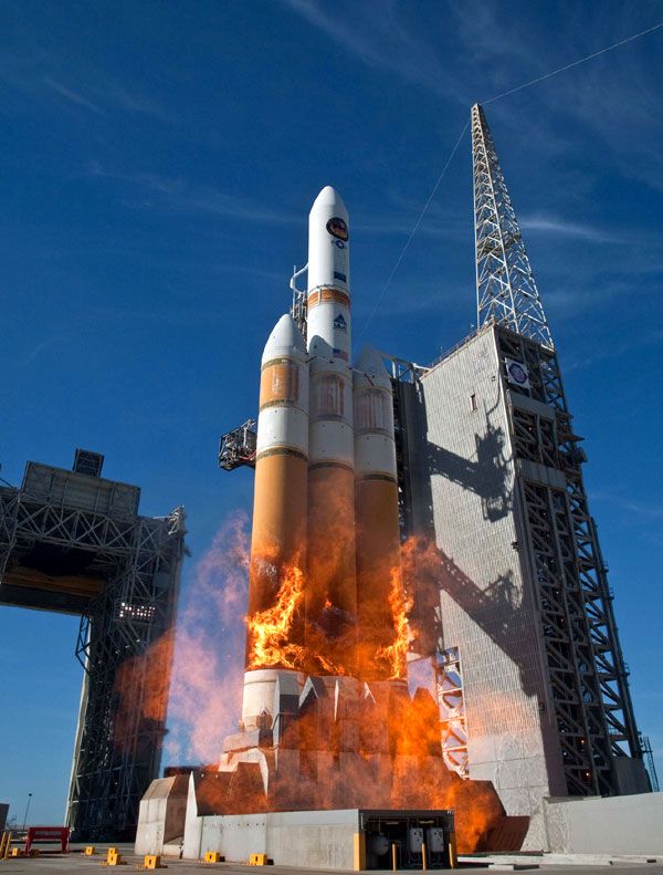 A Delta IV-Heavy rocket launches from Vandenberg Air Force Base in California for the first time on January 20, 2011.