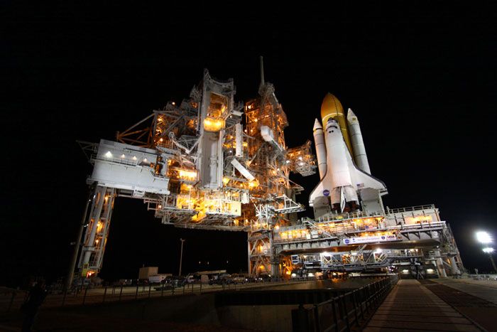 Space shuttle Discovery returns to LC-39A at the Kennedy Space Center in Florida, on February 1, 2011.