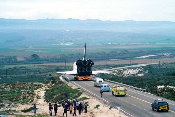 Space shuttle Enterprise is being transported to SLC-6 at Vandenderg AFB in California.