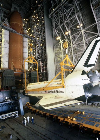 Space shuttle Enterprise is about to be attached to its external fuel tank and twin solid rocket boosters at Vandenberg AFB in California.