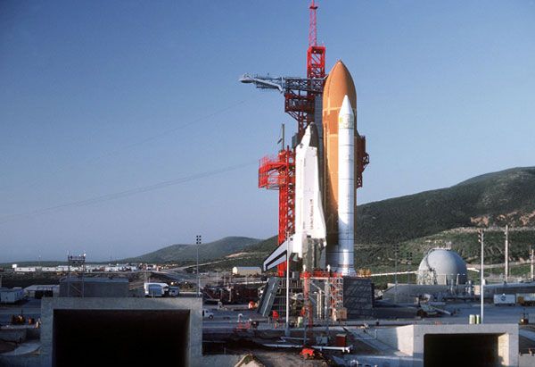 Space shuttle Enterprise sits atop its SLC-6 launch pad at Vandenberg AFB in California.