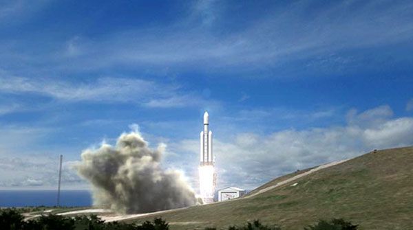 An artist's concept of the FALCON HEAVY rocket launching from Vandenberg Air Force Base in California.