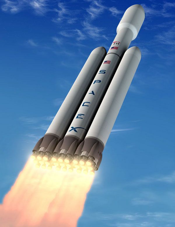 An artist's concept of the Falcon Heavy rocket soaring into the sky.