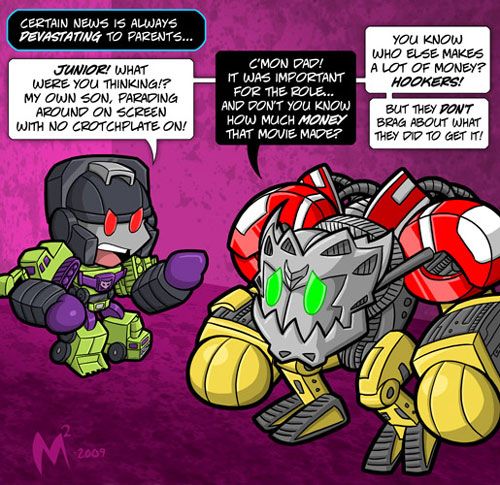 'Generation 1' Devastator scolds his perverted 'Transformers 2' offspring.