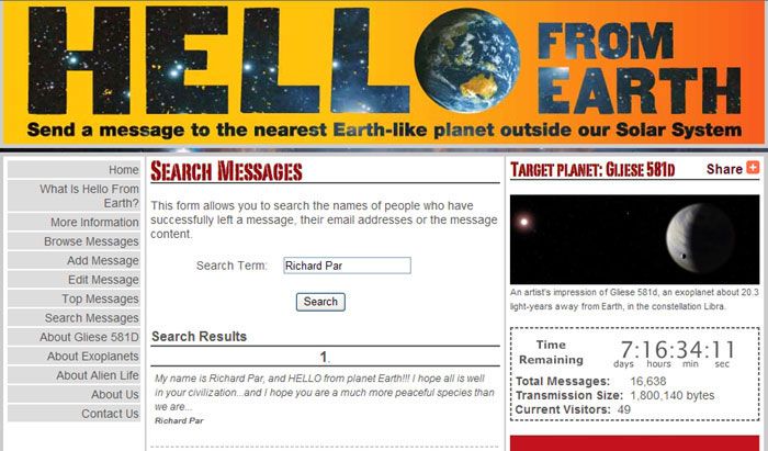 A screenshot of my message on the 'HELLO FROM EARTH' website.
