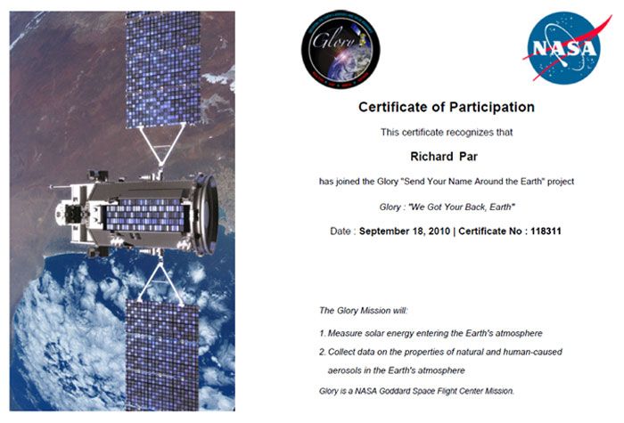My participation certificate for the Glory mission.