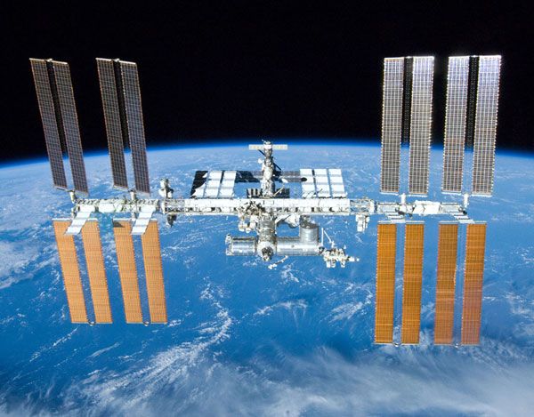 The International Space Station as seen by the STS-132 space shuttle crew on May 23, 2010.