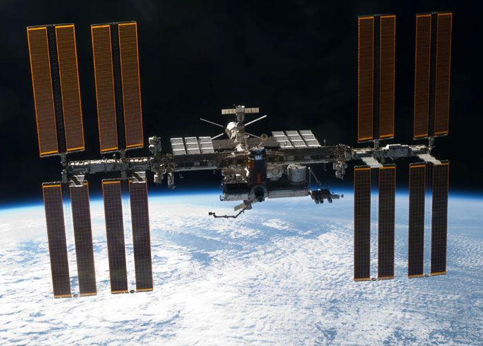 The International Space Station as seen from space shuttle Discovery after she undocked from the orbital outpost on March 7, 2011.