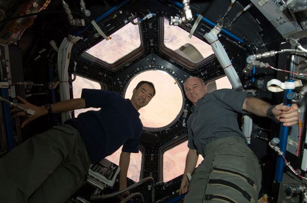 Space station crewmembers Jeffrey Williams and Soichi Noguchi pose inside the Cupola.