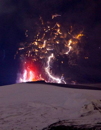 Lightning envelops a plume of ash that comes out of the Eyjafjallajokull volcano in Iceland, on April 19, 2010.