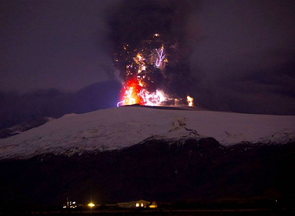 Lightning envelops a plume of ash that comes out of the Eyjafjallajokull volcano in Iceland, on April 19, 2010.