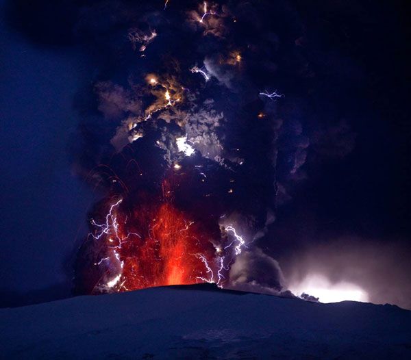 Lightning envelops a plume of ash that comes out of the Eyjafjallajokull volcano in Iceland, on April 17, 2010.