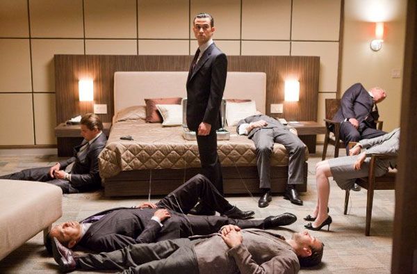 Arthur (Joseph Gordon-Levitt) is the only one awake, so to speak, as his peers sleep and embark into another dream realm in INCEPTION.