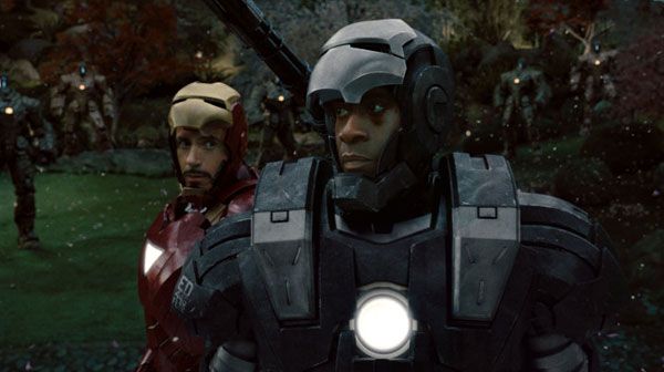 Iron Man and War Machine confront Justin Hammer's robotic drones in IRON MAN 2.