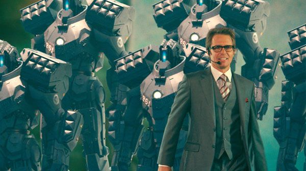 Justin Hammer stands in front of his new deadly masterpieces in IRON MAN 2.