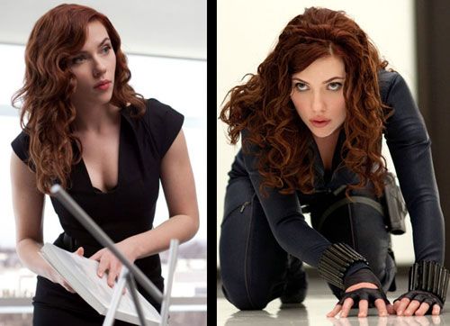 Scarlett Johansson gets all leathery and redheaded as the Black Widow in IRON MAN 2.