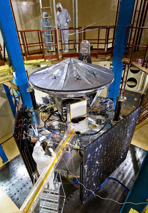 Engineers work on NASA's Juno spacecraft at the Lockheed Martin facility in Denver, Colorado, on January 26, 2011.