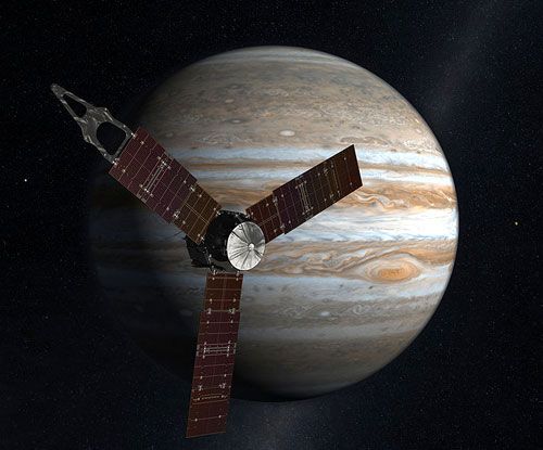 An artist's concept showing the Juno spacecraft approaching Jupiter.
