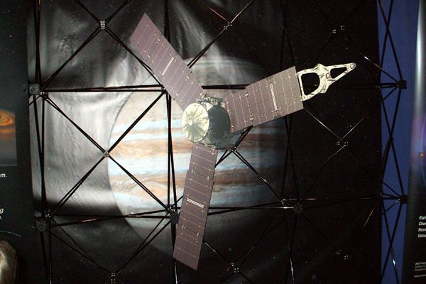 A cardboard marquee of the JUNO spacecraft, which launches to Jupiter in 2011.