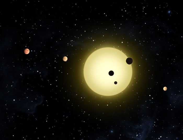 An artist's concept of the six exoplanets orbiting the sun-like star Kepler-11.