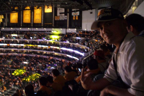 Waiting for the Lakers game to begin against the Houston Rockets, on October 26, 2010.