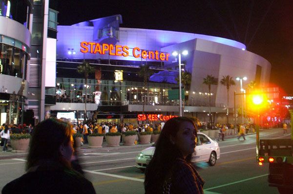 A night shot of STAPLES Center after the Lakers won their first home game of the season, on October 26, 2010.