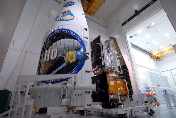 The LRO and LCROSS spacecraft, before they are both encapsulated inside the Atlas V rocket's nose fairing, on May 15, 2009.