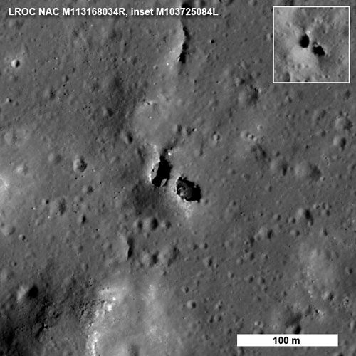 An LRO image of a 'natural bridge' on the surface of the Moon.