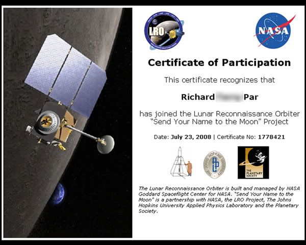 A certificate commemorating my participation in the 'Send Your Name to the Moon' project.