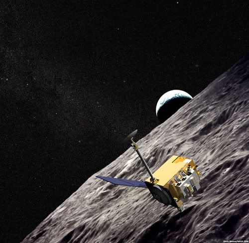 An artist's concept showing the Lunar Reconnaissance Orbiter above the Moon.