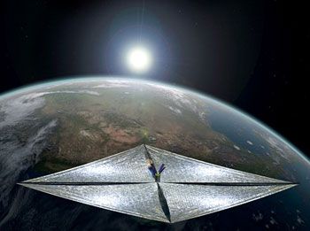 An art concept of the LIGHTSAIL-1 spacecraft in Earth orbit.