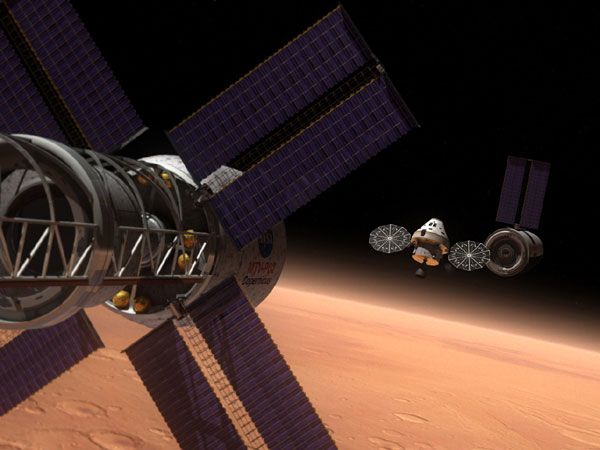 An artist's concept of the Multi-Purpose Crew Vehicle (MPCV) in orbit above Mars.