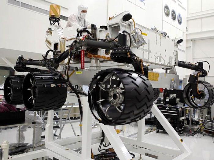 A close-up of the CURIOSITY Mars Rover's six new wheels.