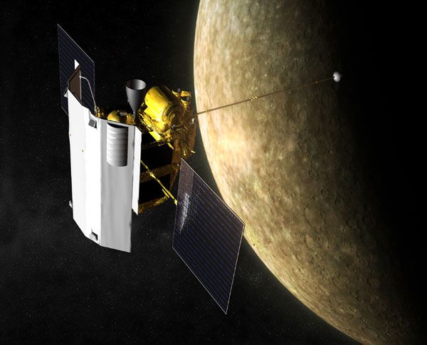 An artist's concept of NASA's MESSENGER spacecraft orbiting Mercury.