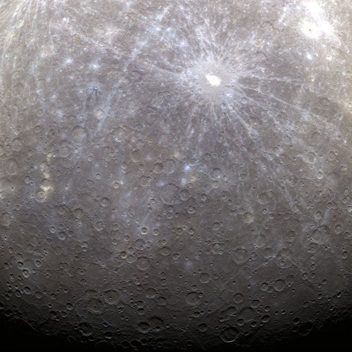 A false-color image of Mercury that was taken from orbit by NASA's MESSENGER spacecraft, on March 29, 2011.