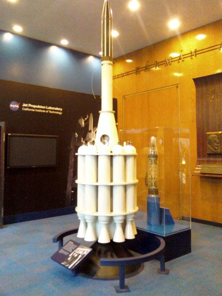 A mock-up of the Explorer 1 satellite inside the lobby of JPL's von Kármán Auditorium...where the lecture was held.