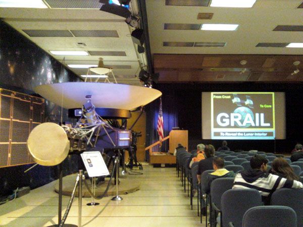 A life-size Voyager spacecraft replica inside the von Kármán Auditorium...where the GRAIL lecture was held.