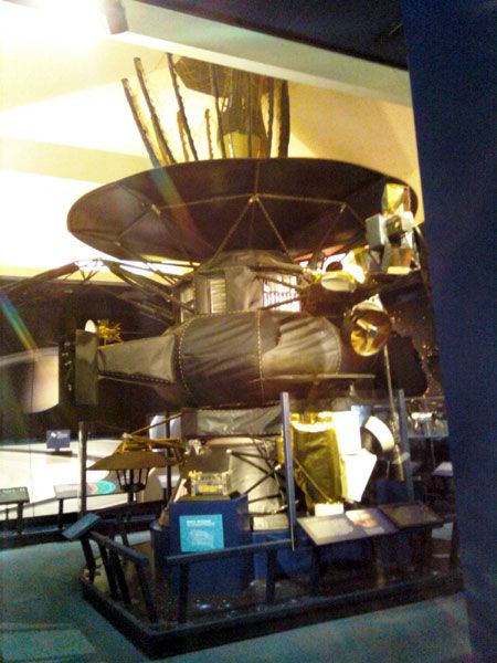A life-size Galileo spacecraft replica...inside an exhibit room right next door to the von Kármán Auditorium.